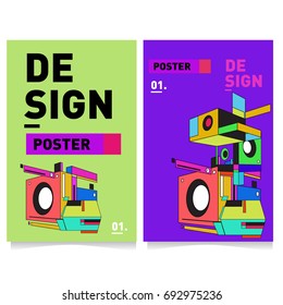 Flat color covers set. Abstract colorful geometric 3d shapes with typography poster design template. Trendy design and colorful summer theme. 