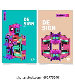 Flat color covers set. Abstract colorful geometric 3d shapes with typography poster design template. Trendy design and colorful summer theme. 