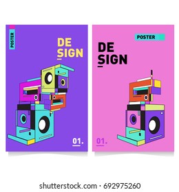 Flat color covers set. Abstract colorful geometric 3d shapes with typography poster design template. Trendy design and colorful summer theme. 