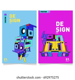 Flat color covers set. Abstract colorful geometric 3d shapes with typography poster design template. Trendy design and colorful summer theme. 