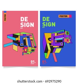 Flat color covers set. Abstract colorful geometric 3d shapes with typography poster design template. Trendy design and colorful summer theme. 