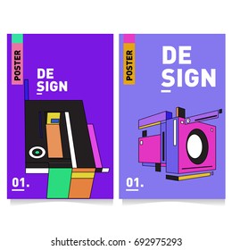 Flat color covers set. Abstract colorful geometric 3d shapes with typography poster design template. Trendy design and colorful summer theme. 