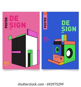 Flat color covers set. Abstract colorful geometric 3d shapes with typography poster design template. Trendy design and colorful summer theme. 