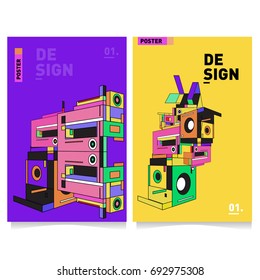 Flat color covers set. Abstract colorful geometric 3d shapes with typography poster design template. Trendy design and colorful summer theme. 