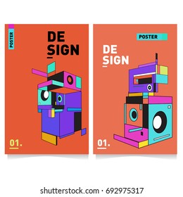 Flat color covers set. Abstract colorful geometric 3d shapes with typography poster design template. Trendy design and colorful summer theme. 