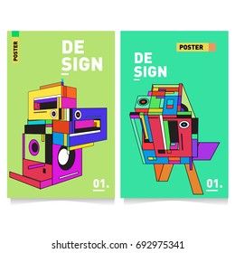 Flat color covers set. Abstract colorful geometric 3d shapes with typography poster design template. Trendy design and colorful summer theme. 