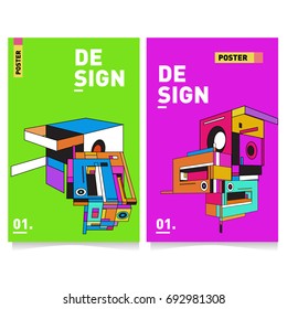 Flat color covers set. Abstract colorful geometric 3d shapes with typography poster design template. Trendy design and colorful summer theme. 