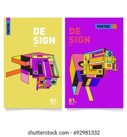 Flat color covers set. Abstract colorful geometric 3d shapes with typography poster design template. Trendy design and colorful summer theme. 