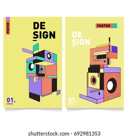 Flat color covers set. Abstract colorful geometric 3d shapes with typography poster design template. Trendy design and colorful summer theme. 