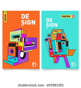 Flat color covers set. Abstract colorful geometric 3d shapes with typography poster design template. Trendy design and colorful summer theme. 