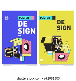 Flat color covers set. Abstract colorful geometric 3d shapes with typography poster design template. Trendy design and colorful summer theme. 