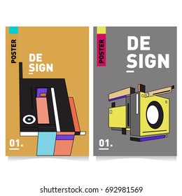 Flat color covers set. Abstract colorful geometric 3d shapes with typography poster design template. Trendy design and colorful summer theme. 