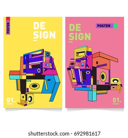 Flat color covers set. Abstract colorful geometric 3d shapes with typography poster design template. Trendy design and colorful summer theme. 
