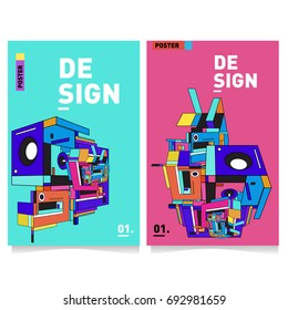 Flat color covers set. Abstract colorful geometric 3d shapes with typography poster design template. Trendy design and colorful summer theme. 