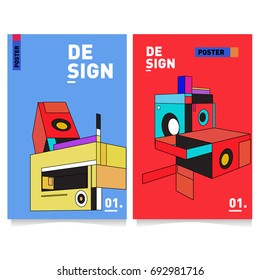 Flat color covers set. Abstract colorful geometric 3d shapes with typography poster design template. Trendy design and colorful summer theme. 