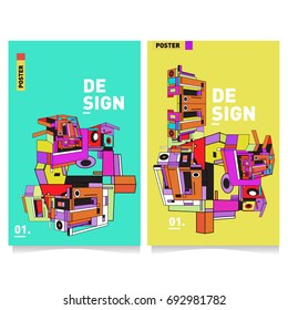 Flat color covers set. Abstract colorful geometric 3d shapes with typography poster design template. Trendy design and colorful summer theme. 