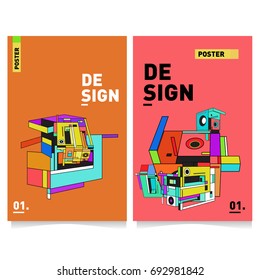 Flat color covers set. Abstract colorful geometric 3d shapes with typography poster design template. Trendy design and colorful summer theme. 
