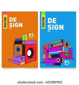 Flat color covers set. Abstract colorful geometric 3d shapes with typography poster design template. Trendy design and colorful summer theme. 