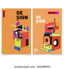 Flat color covers set. Abstract colorful geometric 3d shapes with typography poster design template. Trendy design and colorful summer theme. 