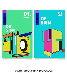Flat color covers set. Abstract colorful geometric 3d shapes with typography poster design template. Trendy design and colorful summer theme. 