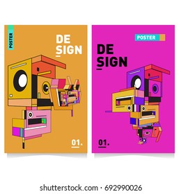 Flat color covers set. Abstract colorful geometric 3d shapes with typography poster design template. Trendy design and colorful summer theme. 