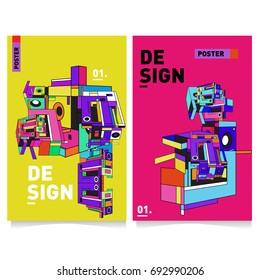 Flat color covers set. Abstract colorful geometric 3d shapes with typography poster design template. Trendy design and colorful summer theme. 
