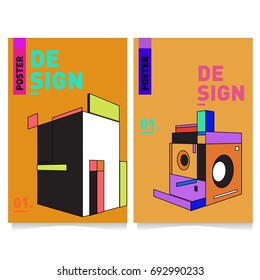 Flat color covers set. Abstract colorful geometric 3d shapes with typography poster design template. Trendy design and colorful summer theme. 