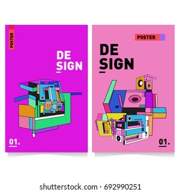 Flat color covers set. Abstract colorful geometric 3d shapes with typography poster design template. Trendy design and colorful summer theme. 