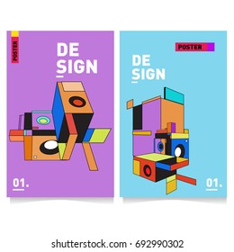 Flat color covers set. Abstract colorful geometric 3d shapes with typography poster design template. Trendy design and colorful summer theme. 