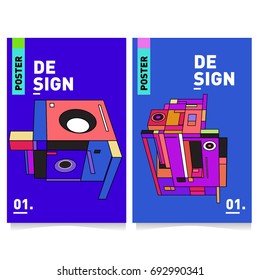 Flat color covers set. Abstract colorful geometric 3d shapes with typography poster design template. Trendy design and colorful summer theme. 