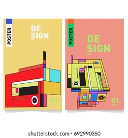 Flat color covers set. Abstract colorful geometric 3d shapes with typography poster design template. Trendy design and colorful summer theme. 