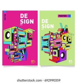 Flat color covers set. Abstract colorful geometric 3d shapes with typography poster design template. Trendy design and colorful summer theme. 