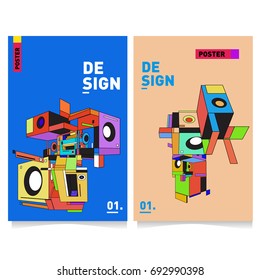 Flat color covers set. Abstract colorful geometric 3d shapes with typography poster design template. Trendy design and colorful summer theme. 