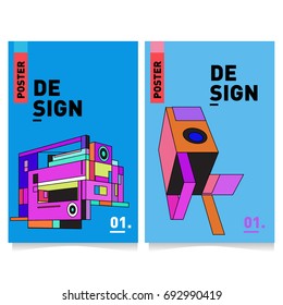 Flat color covers set. Abstract colorful geometric 3d shapes with typography poster design template. Trendy design and colorful summer theme. 