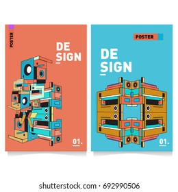Flat color covers set. Abstract colorful geometric 3d shapes with typography poster design template. Trendy design and colorful summer theme. 