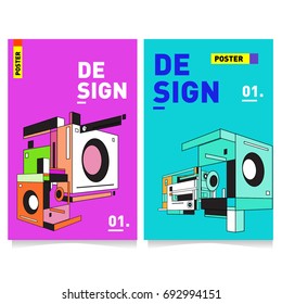 Flat color covers set. Abstract colorful geometric 3d shapes with typography poster design template. Trendy design and colorful summer theme. 