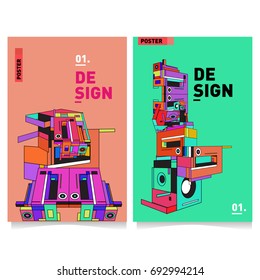 Flat color covers set. Abstract colorful geometric 3d shapes with typography poster design template. Trendy design and colorful summer theme. 