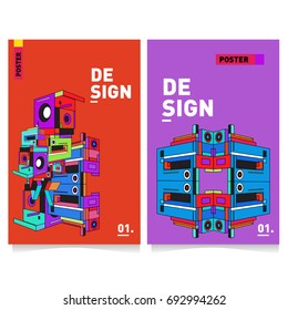 Flat color covers set. Abstract colorful geometric 3d shapes with typography poster design template. Trendy design and colorful summer theme. 