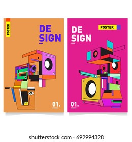 Flat color covers set. Abstract colorful geometric 3d shapes with typography poster design template. Trendy design and colorful summer theme. 