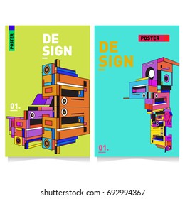 Flat color covers set. Abstract colorful geometric 3d shapes with typography poster design template. Trendy design and colorful summer theme. 
