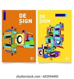 Flat color covers set. Abstract colorful geometric 3d shapes with typography poster design template. Trendy design and colorful summer theme. 