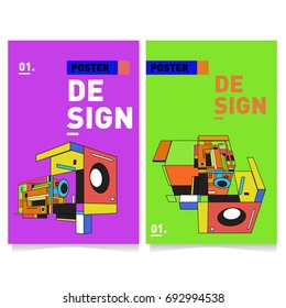 Flat color covers set. Abstract colorful geometric 3d shapes with typography poster design template. Trendy design and colorful summer theme. 