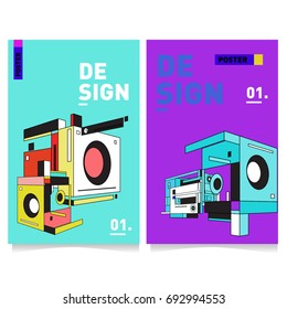 Flat color covers set. Abstract colorful geometric 3d shapes with typography poster design template. Trendy design and colorful summer theme. 