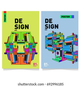 Flat color covers set. Abstract colorful geometric 3d shapes with typography poster design template. Trendy design and colorful summer theme. 