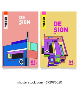 Flat color covers set. Abstract colorful geometric 3d shapes with typography poster design template. Trendy design and colorful summer theme. 