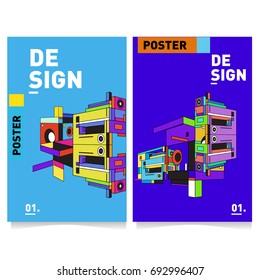 Flat color covers set. Abstract colorful geometric 3d shapes with typography poster design template. Trendy design and colorful summer theme. 