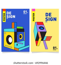 Flat color covers set. Abstract colorful geometric 3d shapes with typography poster design template. Trendy design and colorful summer theme. 