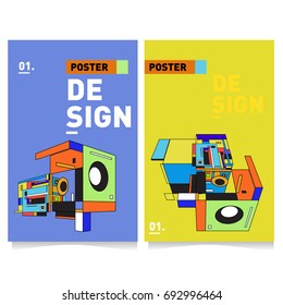 Flat color covers set. Abstract colorful geometric 3d shapes with typography poster design template. Trendy design and colorful summer theme. 