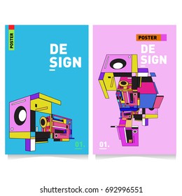 Flat color covers set. Abstract colorful geometric 3d shapes with typography poster design template. Trendy design and colorful summer theme. 