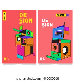 Flat color covers set. Abstract colorful geometric 3d shapes with typography poster design template. Trendy design and colorful summer theme. 
